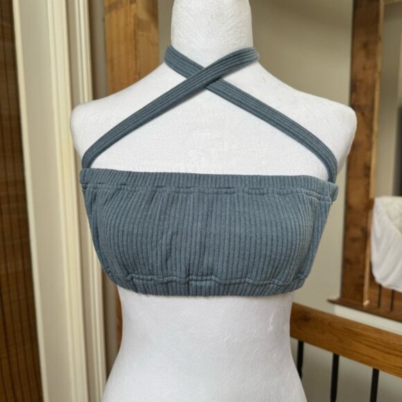 WeWoreWhat Tie Halter Bra Blue Crop Top in Storm ribbed stretch beach summer - Picture 1 of 7